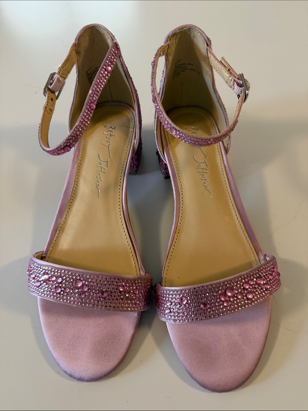 Betsey Johnson Pink Rhinestone Heels Ankle Strap Satin Dress Sandals Size 4